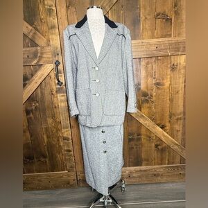 Vintage Pioneer Wear Gray & Black Wool Blend Tweed Woman Jacket L Skirt 14 Suit